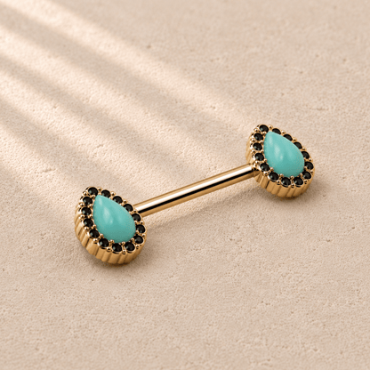 Side view of gold plated aqua teardrop nipple barbell, 14G externally threaded yellow gold stainless steel pair