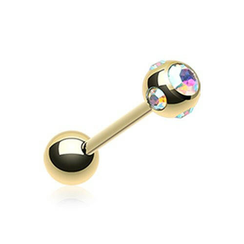 Gold Plated Aurora Gem Ball Steel Barbell Tongue Ring Barbell Impulse Piercings Aurora Borealis