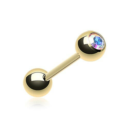 Gold Plated Basic Gem Ball Barbell Tongue Ring Barbell Impulse Piercings Aurora Borealis