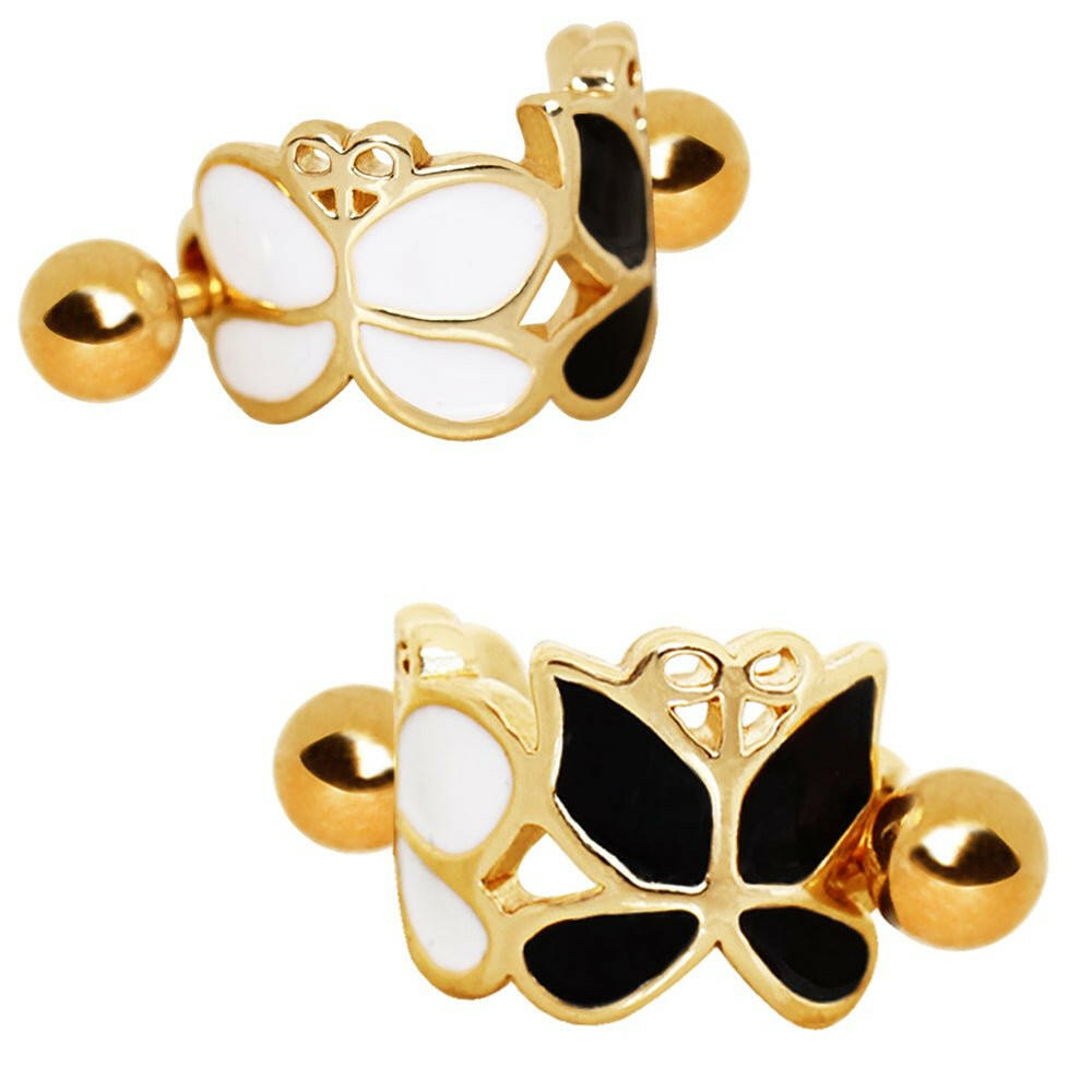 Gold Plated Black and White Butterfly Cartilage Ear Cuff Cuff Earring Impulse Piercings 16 gaugeLength: 1/2"