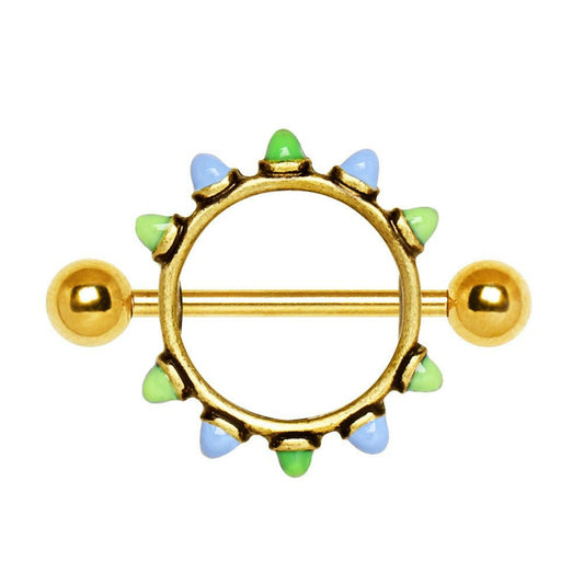 Gold Plated Blue and Green Cone Nipple Shield Nipple Ring Impulse Piercings