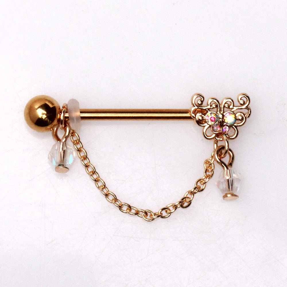 Gold Plated Chained Butterfly Nipple Shield Nipple Ring Skin Metals
