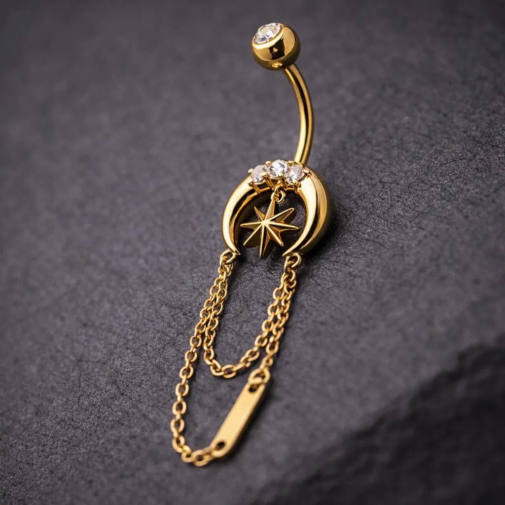 Gold Plated Chained Star and Moon Navel Ring Navel Ring Skin Metals