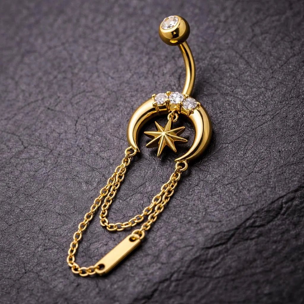Gold Plated Chained Star and Moon Navel Ring Navel Ring Skin Metals