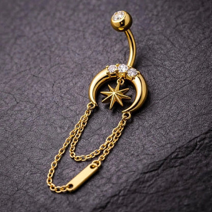 Gold Plated Chained Star and Moon Navel Ring Navel Ring Skin Metals