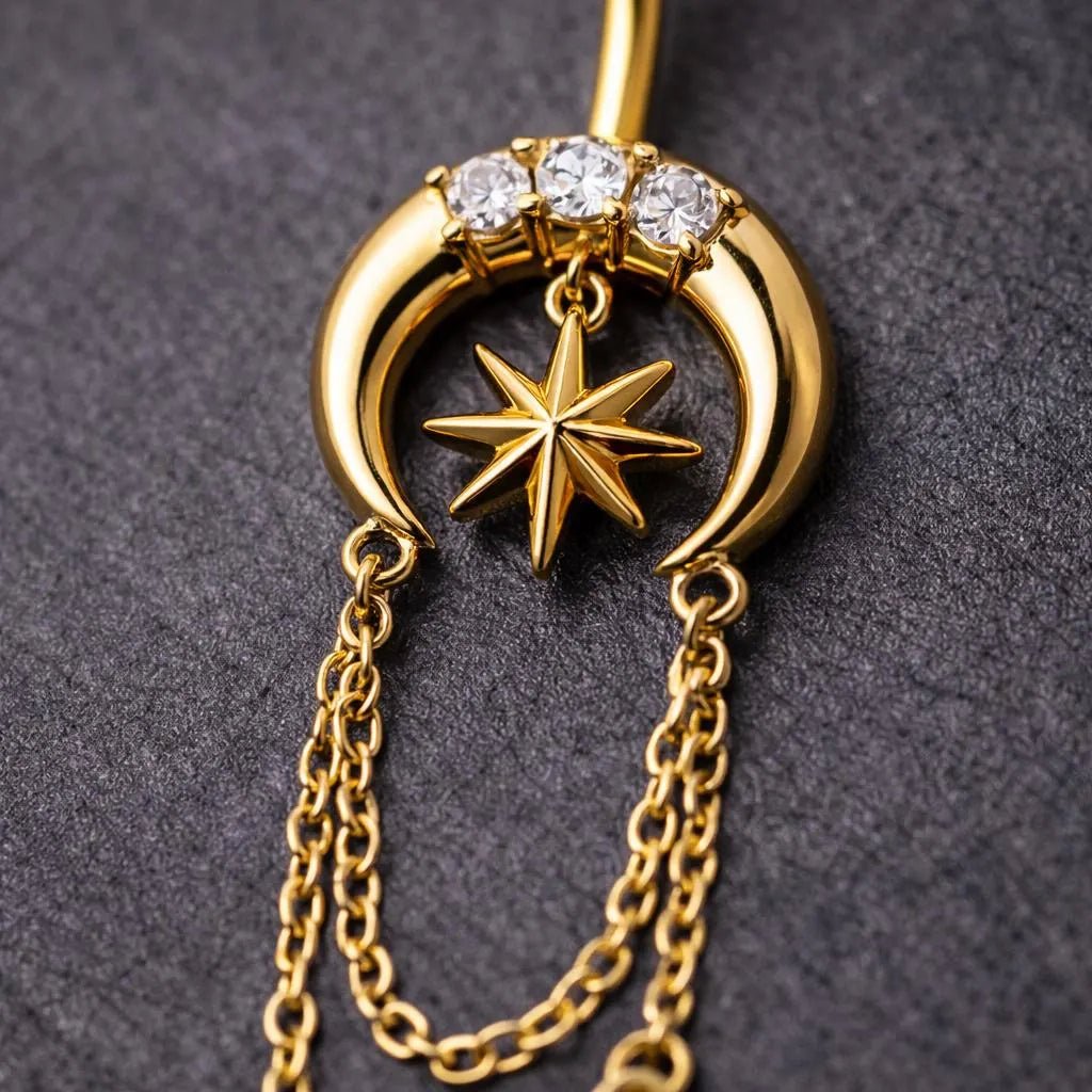 Gold Plated Chained Star and Moon Navel Ring Navel Ring Skin Metals