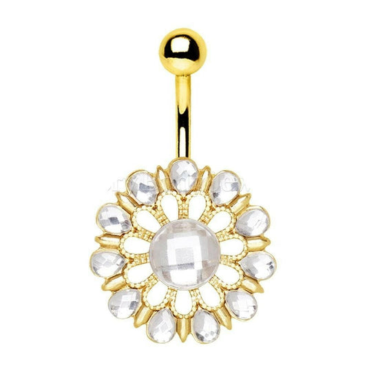 Gold Plated Checkerboard Cut CZ Flower Navel Ring Navel Ring Impulse Piercings
