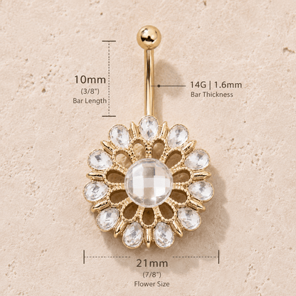Gold plated checkerboard CZ flower navel ring size chart, 14GA 1.6mm bar thickness 10mm bar length, 316L stainless steel measurements