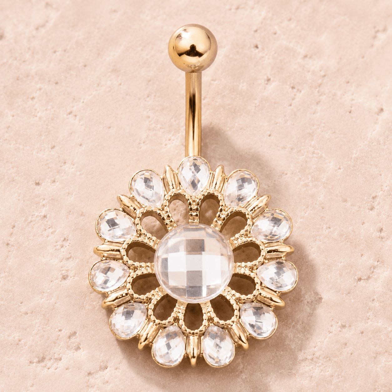 Gold plated checkerboard CZ flower navel ring 14G, multi-angle sparkling cubic zirconia 316L stainless steel belly ring