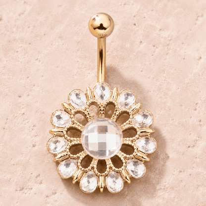 Gold plated checkerboard CZ flower navel ring 14G, multi-angle sparkling cubic zirconia 316L stainless steel belly ring