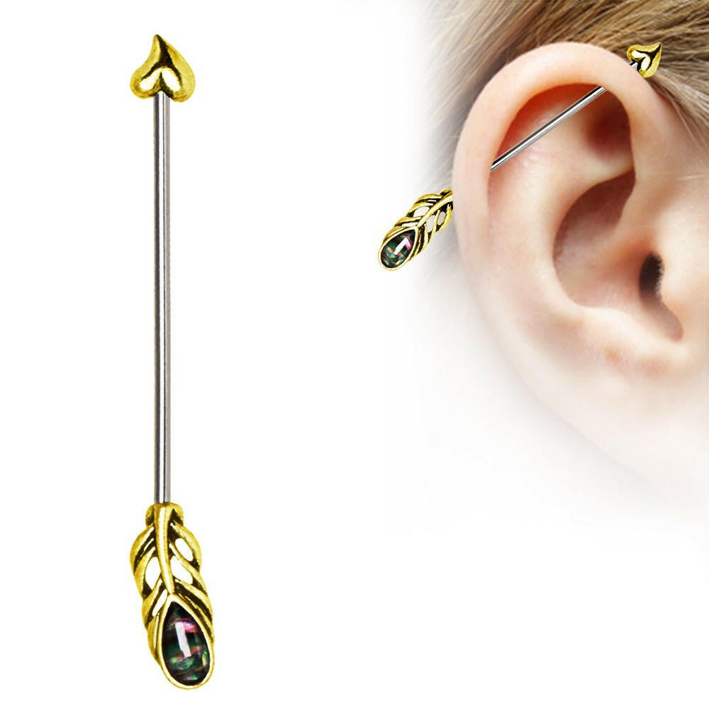 Gold Plated Cupid Arrow Industrial Barbell with Abalone Industrial Barbell Impulse Piercings