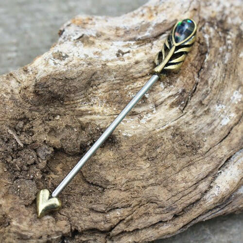 Gold Plated Cupid Arrow Industrial Barbell with Abalone Industrial Barbell Impulse Piercings