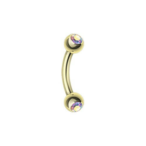 Gold Plated Double Gem Ball Curved Barbell Eyebrow Ring Curved Barbell Impulse Piercings 5/16" (8mm) Aurora Borealis