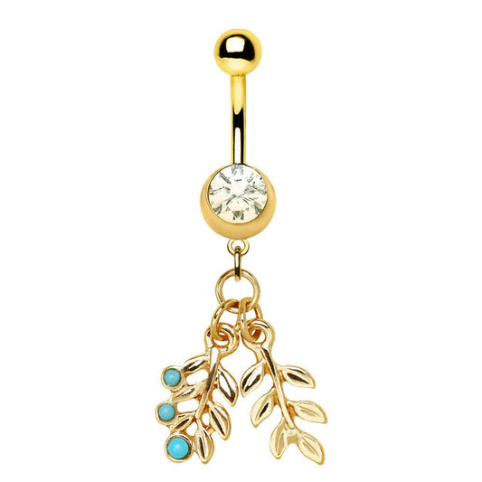 Gold Plated Double Leaf with Turquoise Dangle Navel Ring Navel Ring Impulse Piercings