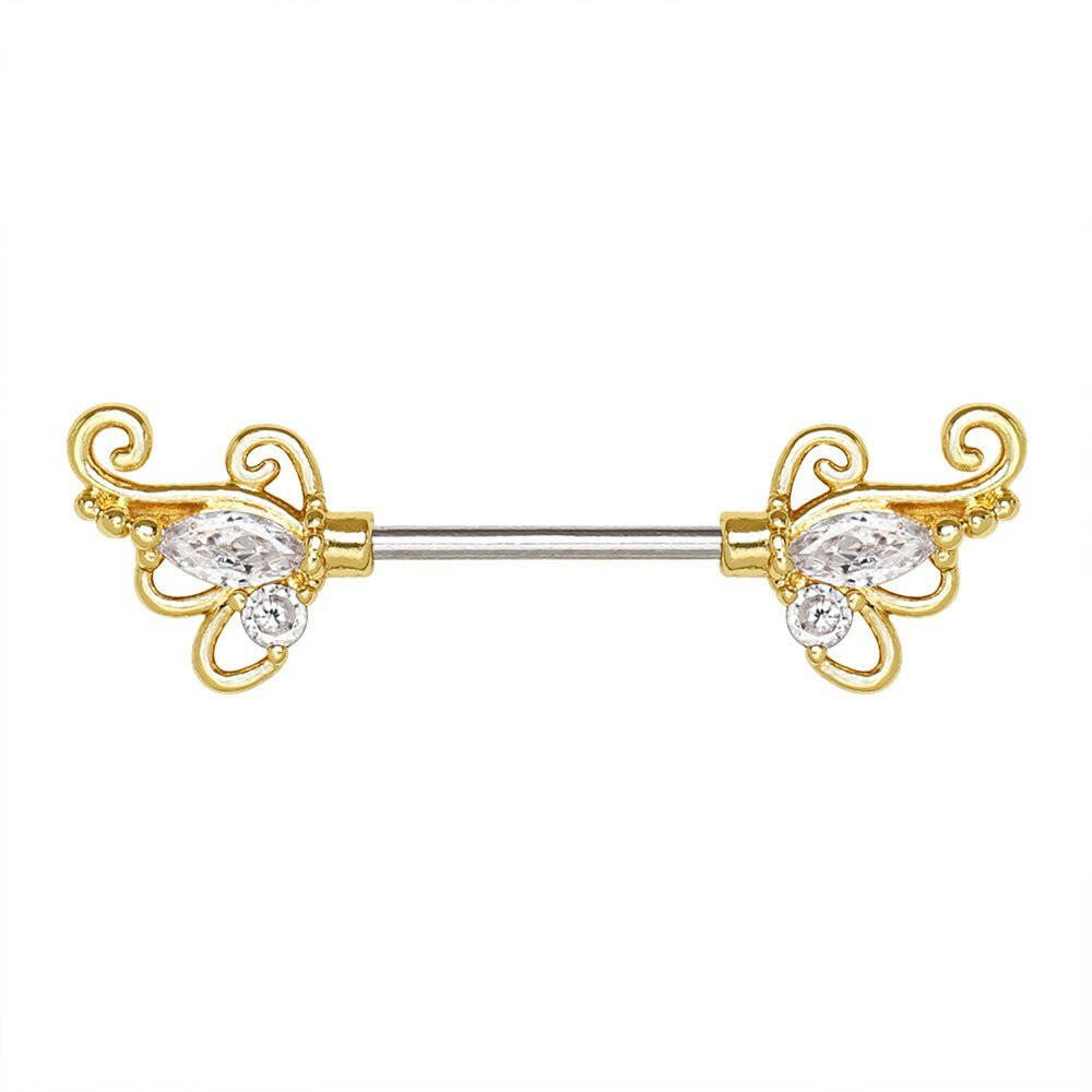 Gold Plated Exotic Butterfly Nipple Bar with CZ