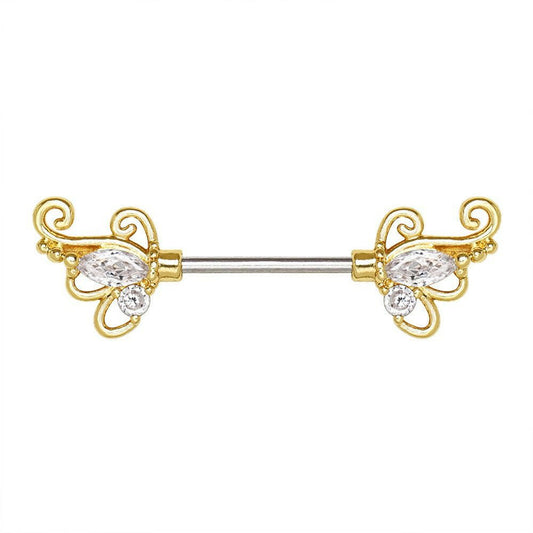 Gold Plated Exotic Butterfly Nipple Bar with CZ