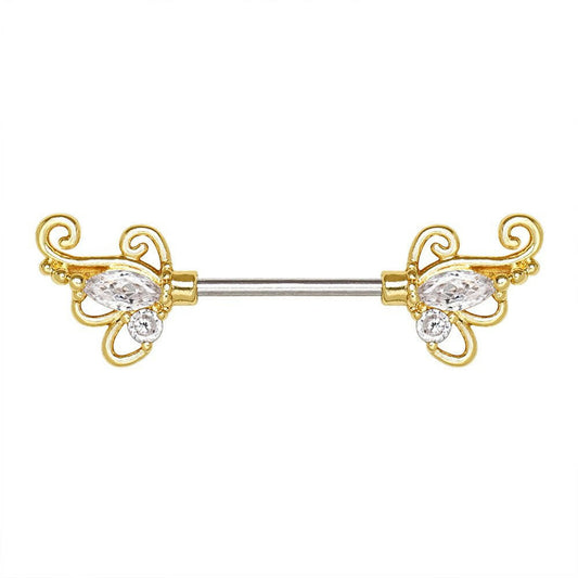 Gold Plated Exotic Butterfly Nipple Bar Nipple Ring Impulse Piercings