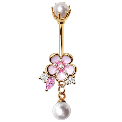 Gold Plated Flower and Pearls Navel Ring Navel Ring Skin Metals