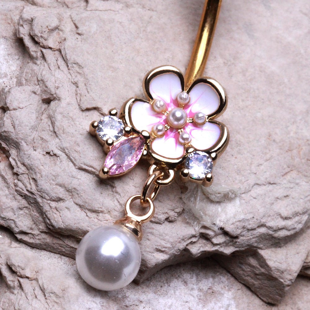 Gold Plated Flower and Pearls Navel Ring Navel Ring Skin Metals