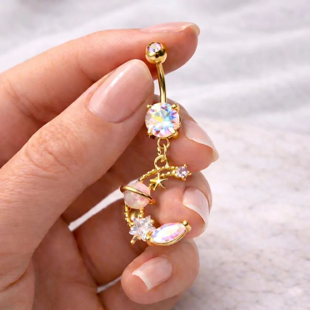 Gold Plated Galaxy Moon and Star Dangle Navel Ring Navel Ring Skin Metals