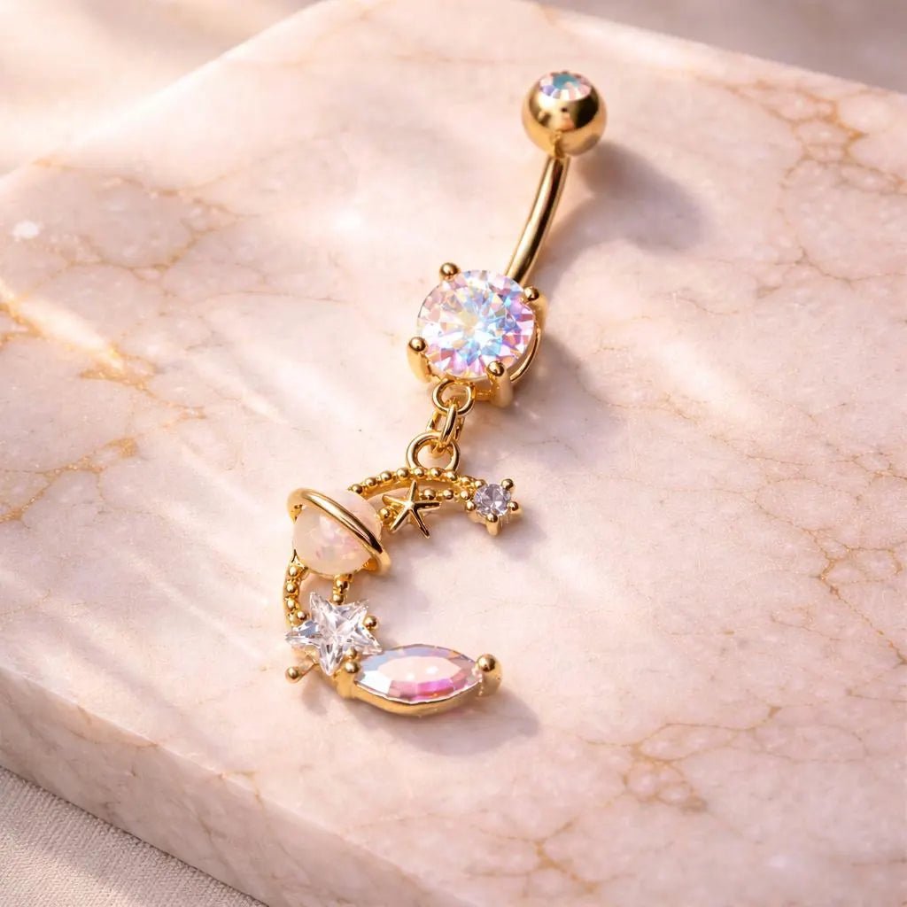 Gold Plated Galaxy Moon and Star Dangle Navel Ring Navel Ring Skin Metals