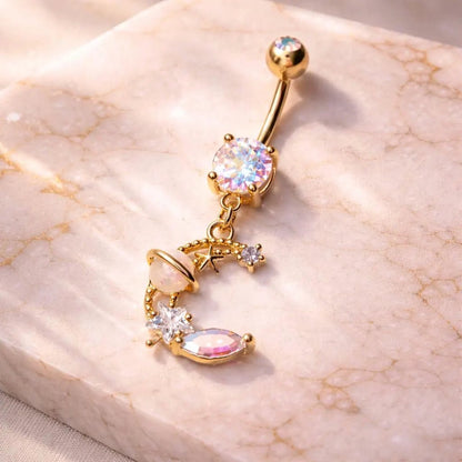 Gold Plated Galaxy Moon and Star Dangle Navel Ring Navel Ring Skin Metals
