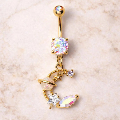 Gold Plated Galaxy Moon and Star Dangle Navel Ring Navel Ring Skin Metals