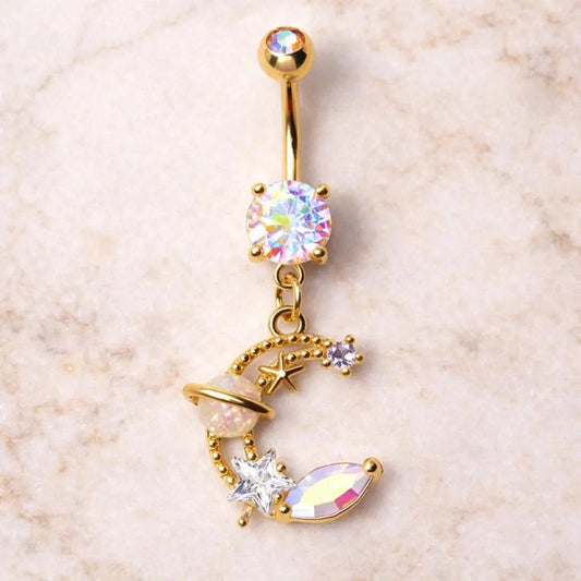 Gold Plated Galaxy Moon and Star Dangle Navel Ring Navel Ring Skin Metals