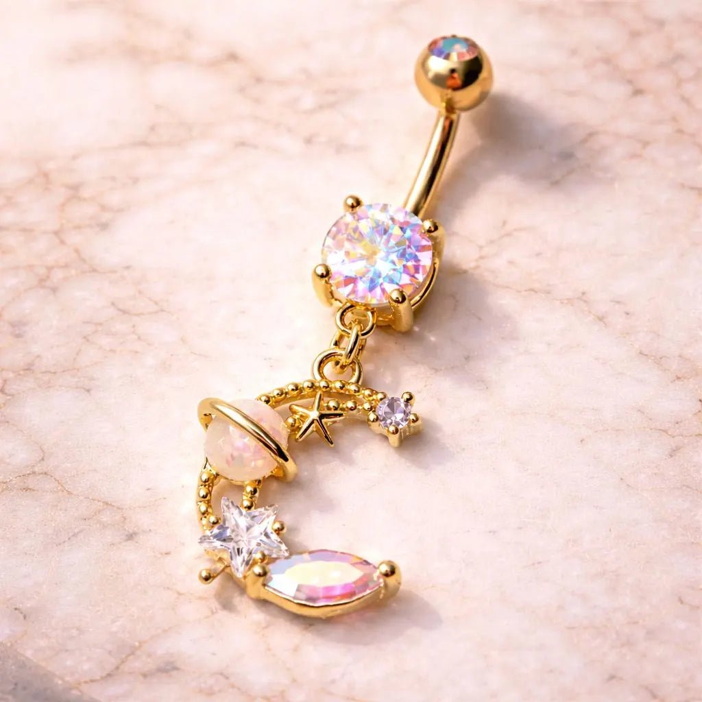 Gold Plated Galaxy Moon and Star Dangle Navel Ring Navel Ring Skin Metals