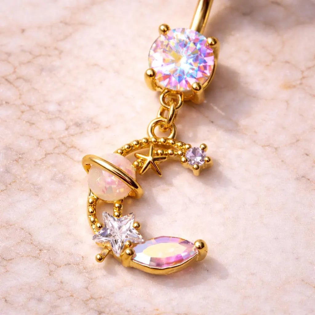 Gold Plated Galaxy Moon and Star Dangle Navel Ring Navel Ring Skin Metals