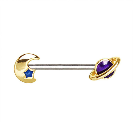 Gold Plated Galaxy Planet & Moon Nipple Bar Nipple Ring Impulse Piercings