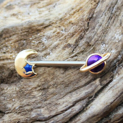 Gold Plated Galaxy Planet & Moon Nipple Bar Nipple Ring Impulse Piercings