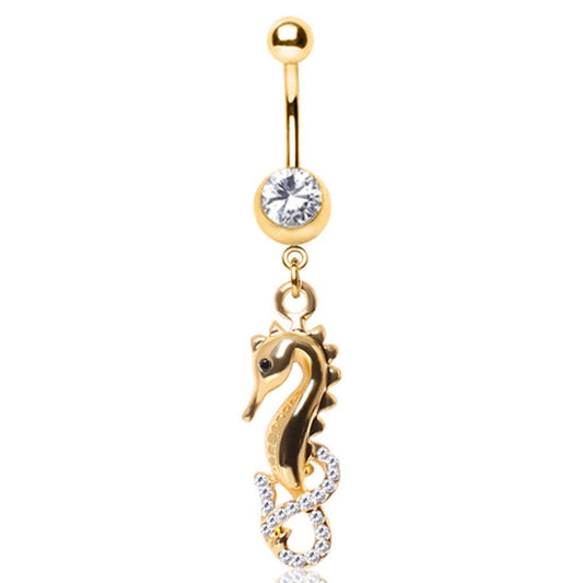 Gold Plated Gemmed Sea Horse Dangle Navel Ring