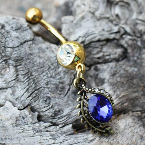 Gold Plated Golden Laurel Leaf & Blue CZ Dangle Navel Ring Navel Ring Impulse Piercings