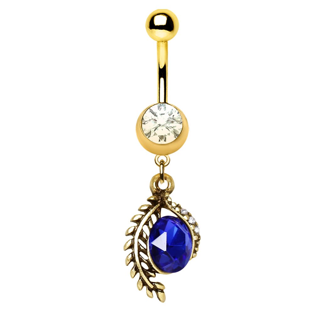 Gold Plated Golden Laurel Leaf & Blue CZ Dangle Navel Ring - Skin Metals