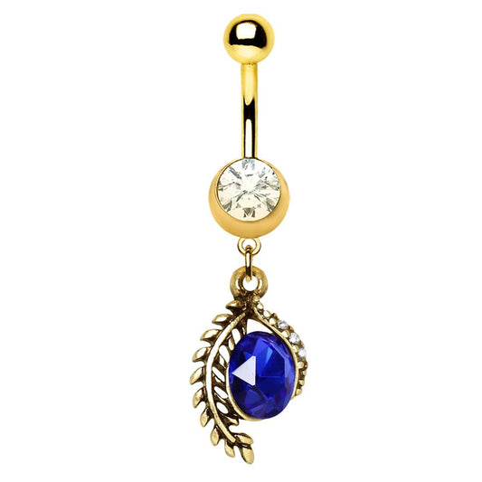 Gold Plated Golden Laurel Leaf & Blue CZ Dangle Navel Ring - Skin Metals