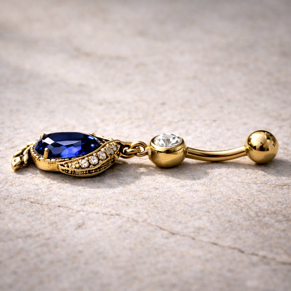 Gold Plated Golden Laurel Leaf & Blue CZ Dangle Navel Ring - Skin Metals