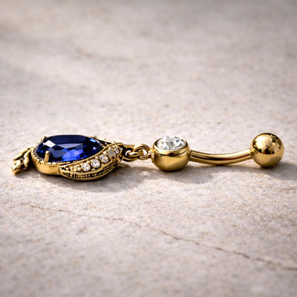 Gold Plated Golden Laurel Leaf & Blue CZ Dangle Navel Ring - Skin Metals