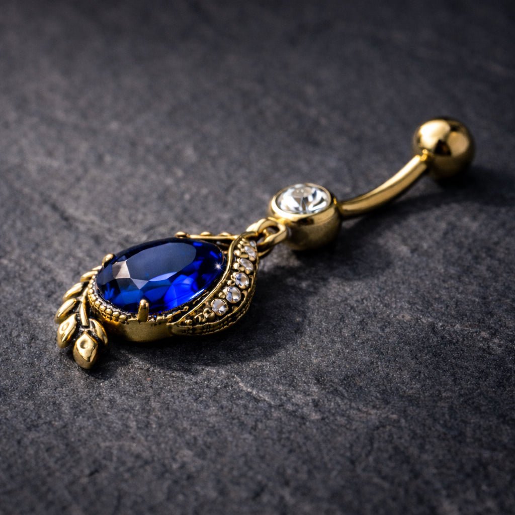 Gold Plated Golden Laurel Leaf & Blue CZ Dangle Navel Ring - Skin Metals