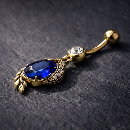 Gold Plated Golden Laurel Leaf & Blue CZ Dangle Navel Ring - Skin Metals