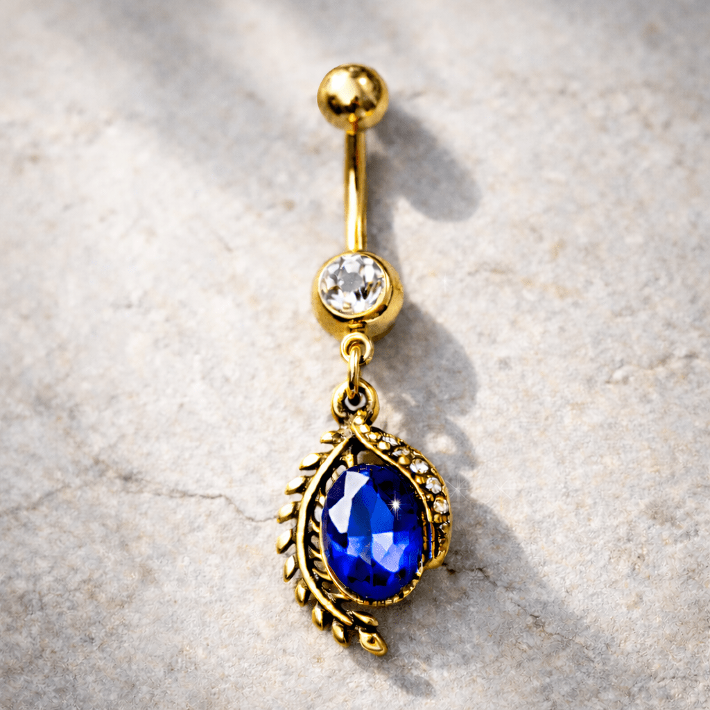 Gold Plated Golden Laurel Leaf & Blue CZ Dangle Navel Ring - Skin Metals