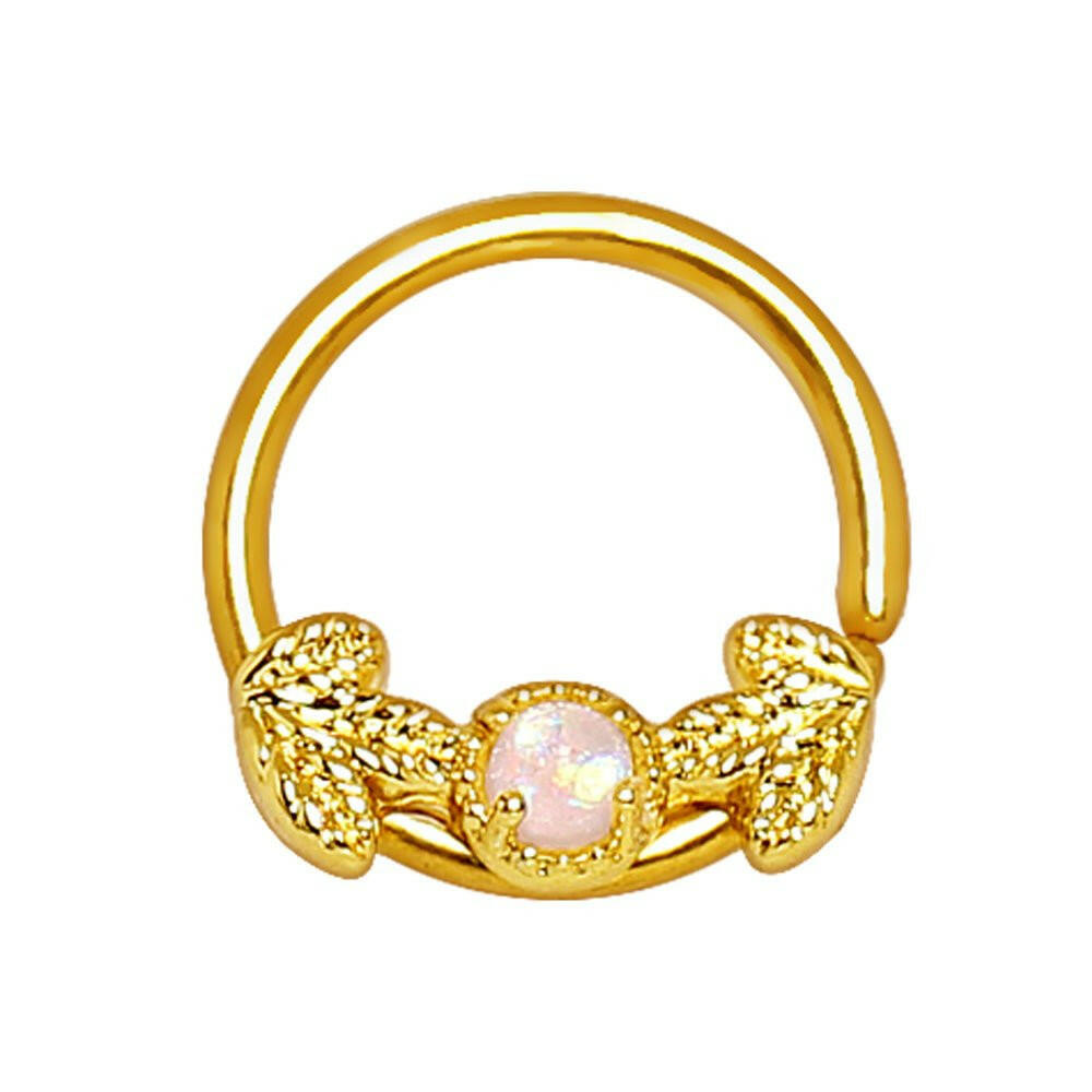 Gold Plated Golden Leaf and Opal Seamless Ring / Septum Ring Septum Ring Impulse Piercings