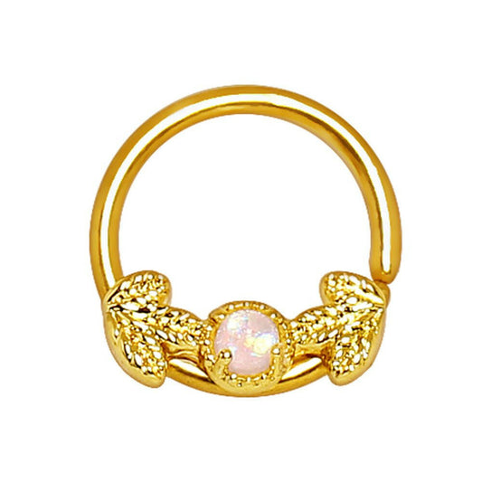 Gold Plated Golden Leaf and Opal Seamless Ring / Septum Ring Septum Ring Impulse Piercings