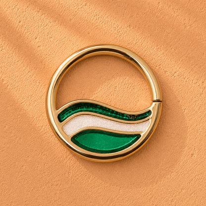 Side view of gold plated green wave seamless ring, 16G right side gap yellow gold enamel cartilage ring
