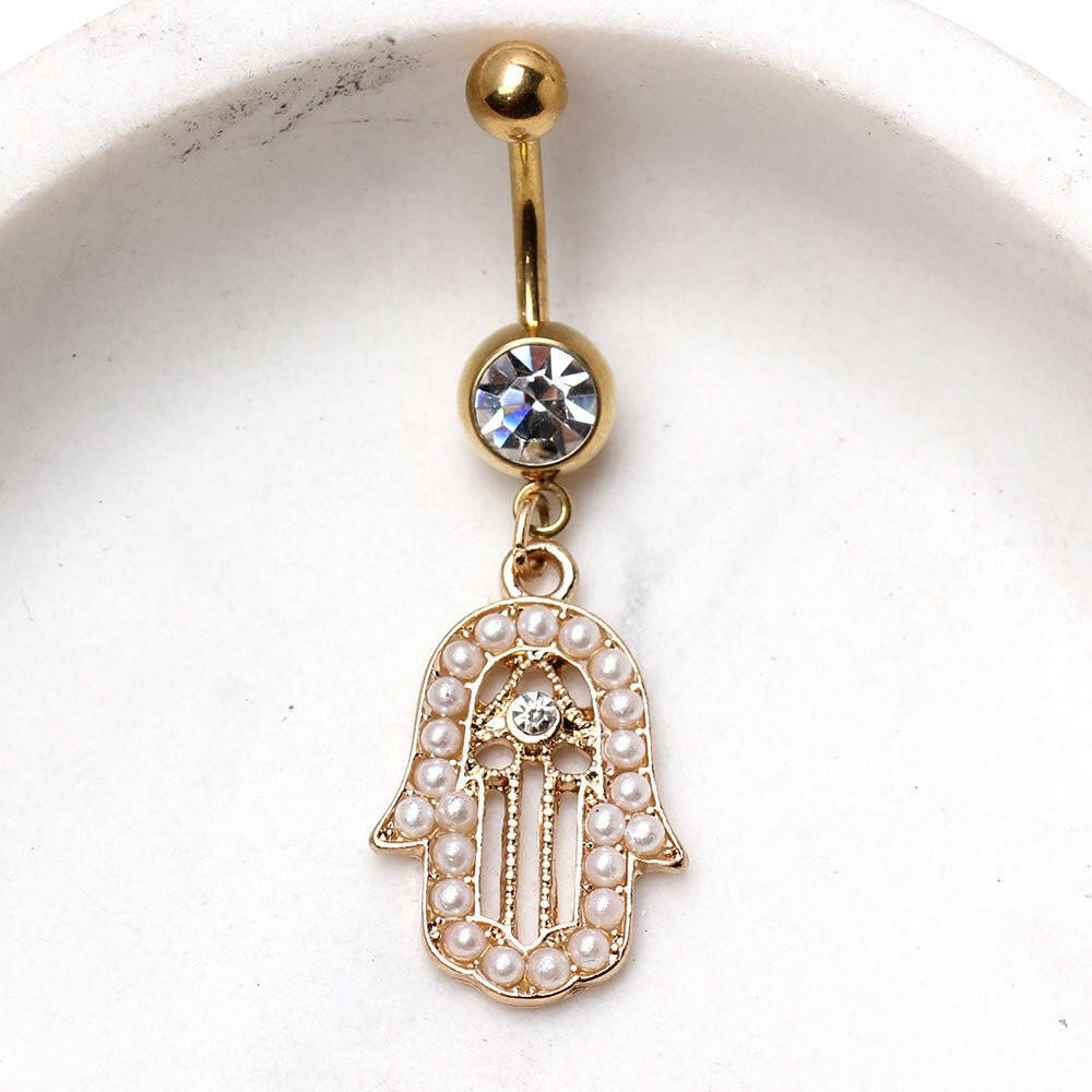 Gold Plated Hamsa Amulet Dangle Navel Ring with Pearls Navel Ring Impulse Piercings