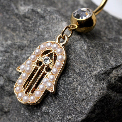 Gold Plated Hamsa Amulet Dangle Navel Ring with Pearls Navel Ring Impulse Piercings
