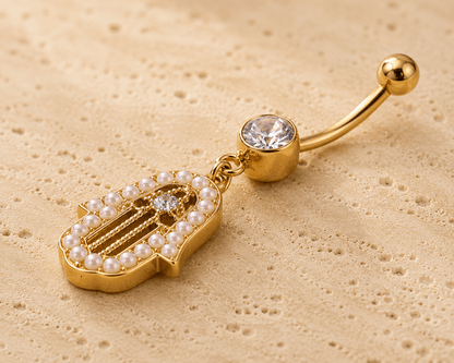 Side view of gold hamsa pearl dangle navel ring, 14G polished gold 316L steel 15x20mm