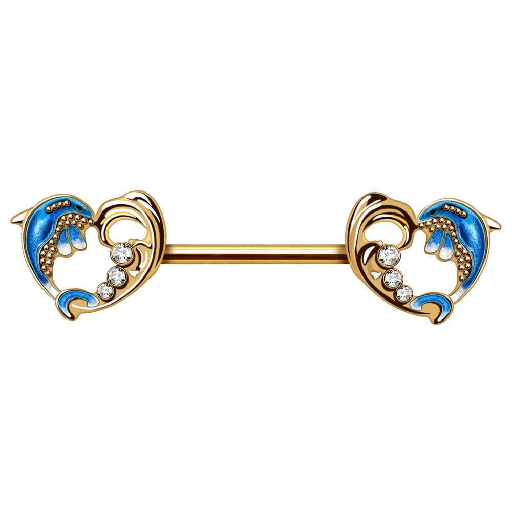 Gold Plated Heart Dolphin Wave Nipple Bar Nipple Ring Impulse Piercings