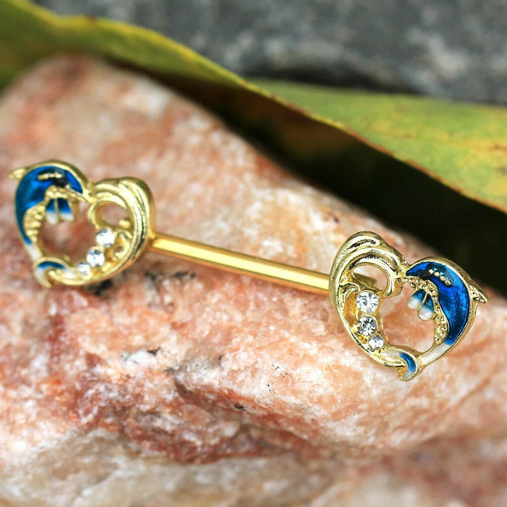 Gold Plated Heart Dolphin Wave Nipple Bar Nipple Ring Impulse Piercings