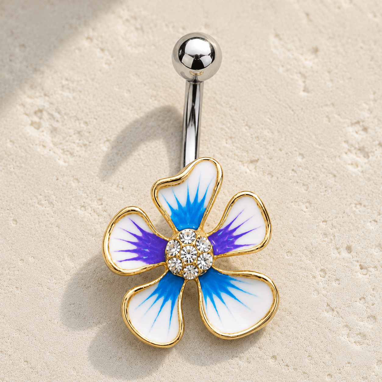 Gold plated hibiscus flower navel ring 14G, blue purple white enamel clear CZ center 316L stainless steel belly ring